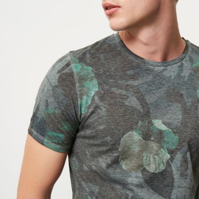 Grey Jack & Jones faded leaf print T-shirt